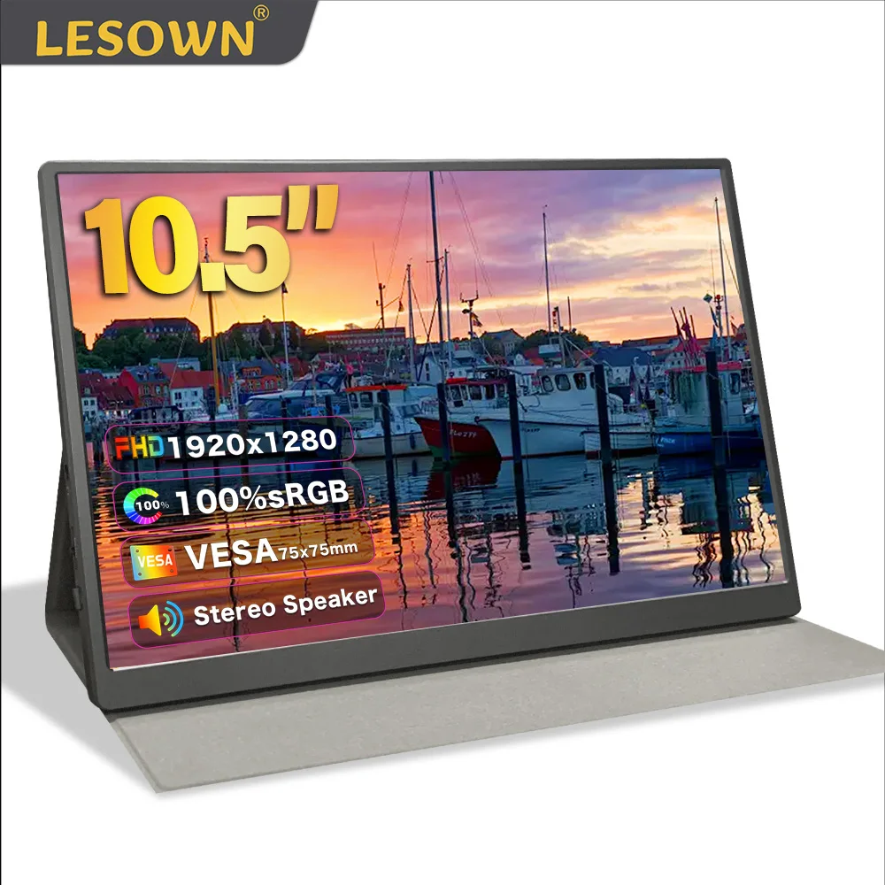 

LESOWN Portable Second Auxiliary Monitor 10.5 Inch Plug And Play Monitor 1920x1280 IPS LCD Side Extended Display for Windows PC