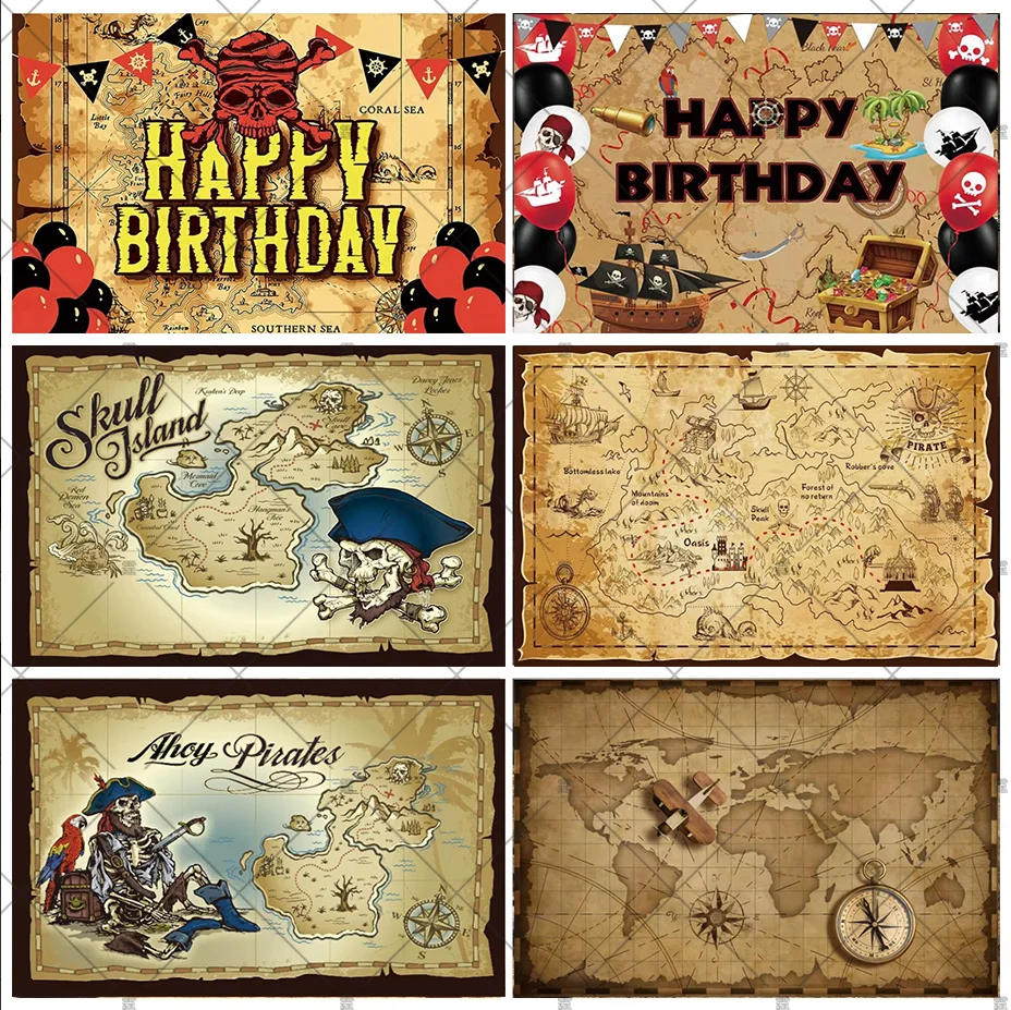 Pirate Captain Theme Background Boy Birthday Party Decor Treasure World Map Marine Sailor Nautical Explore  Banner Baby Shower