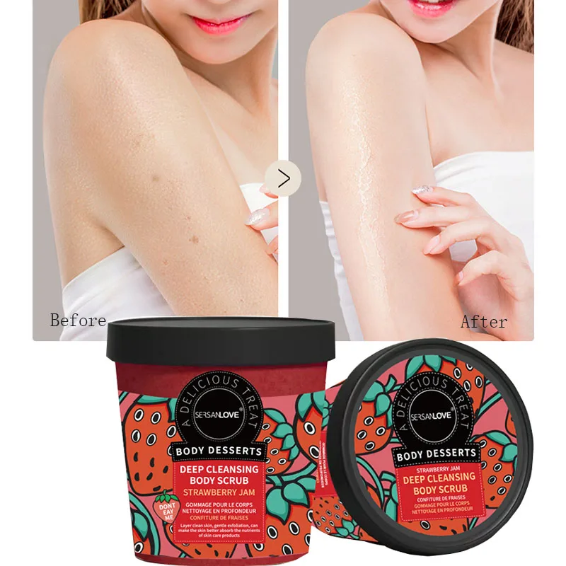 Crema exfoliante de fresa para eliminar la piel de pollo y blanqueamiento Exfoliante para todo el cuerpo, crema Exfoliante para sal de baño, crema para el cuidado corporal