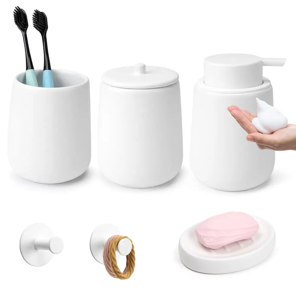 Juego de 6 accesorios de baño de cerámica, juego de accesorios de baño blancos, incluye dispensador de jabón espumoso, taza de baño, soporte