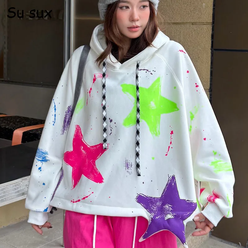 Graffiti Star Print Oversized Hooded Sweatershirts Woman Bust138cm 2026 Winter Casual Pullover Outwears Fleece Thickened Tops
