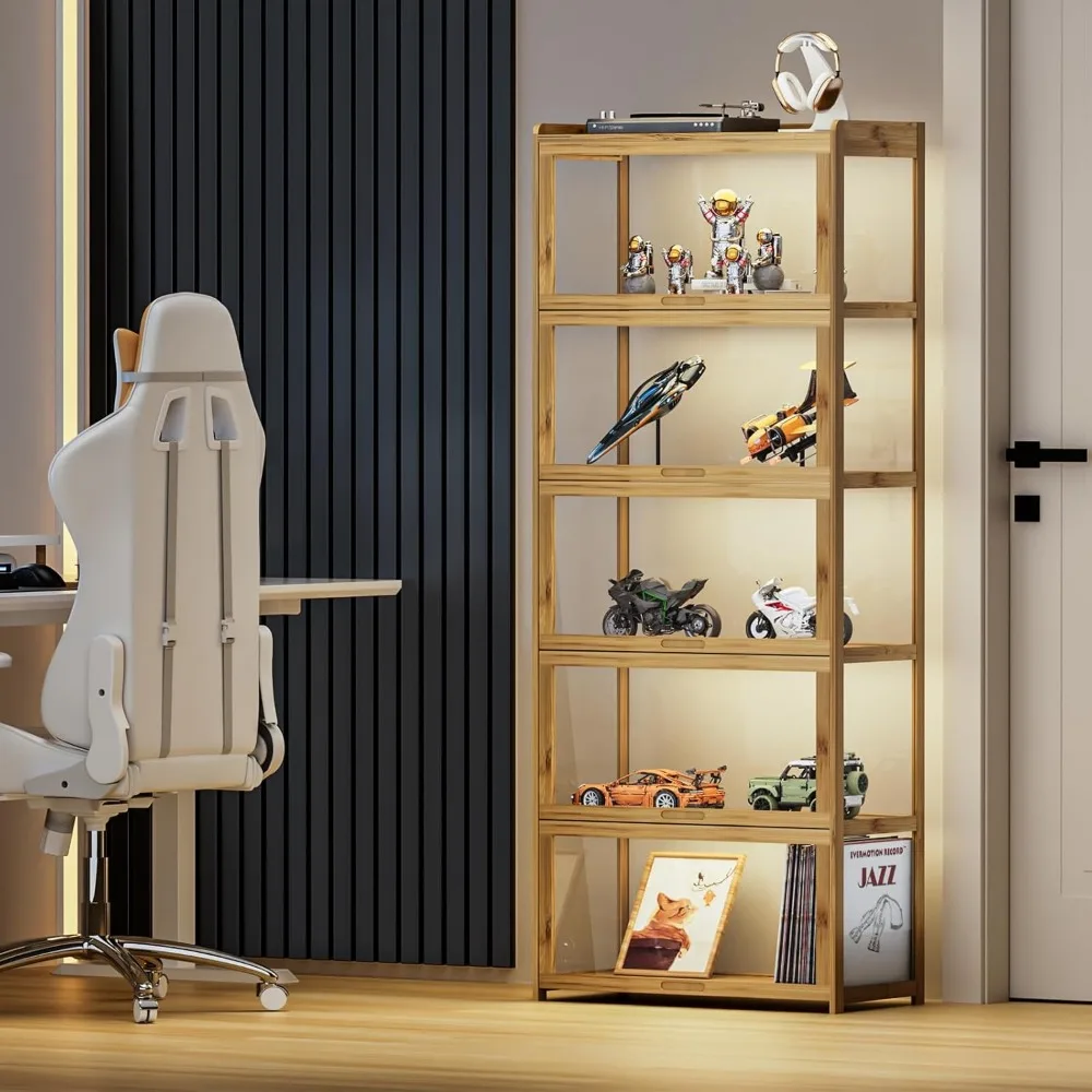 خزانة عرض Curio مقاس 67.5 بوصة مع أبواب، خزانة عرض من الخيزران مكونة من 5 طبقات ومقتنيات عرض الألعاب للعيش R