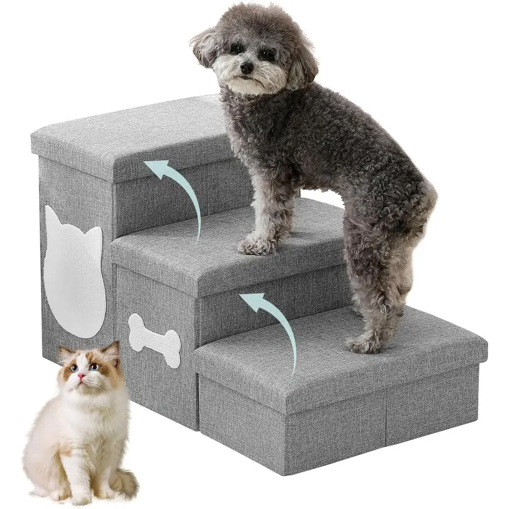3-Step Wider Dog Steps or Bed 17 H, Foldable Dog Stairs with Storage, Non-Slip Pet Steps for Small Medium Large Dogs, Arthritis-