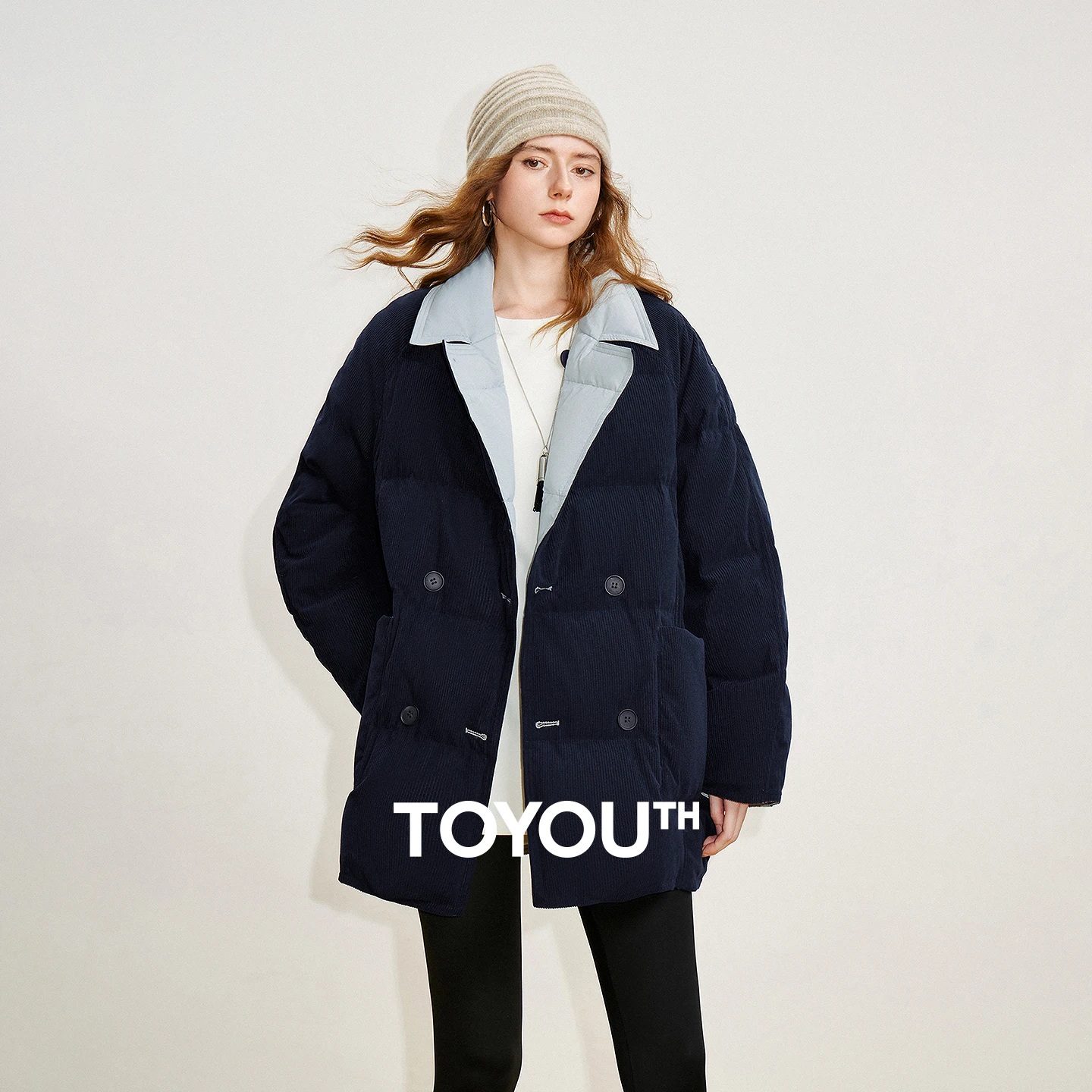 TOYOUTH-Chaqueta de plumón Reversible con estilo para mujer, traje nuevo de invierno 2025, solapa de muesca, ropa de abrigo cálida con bloques de colores 90%