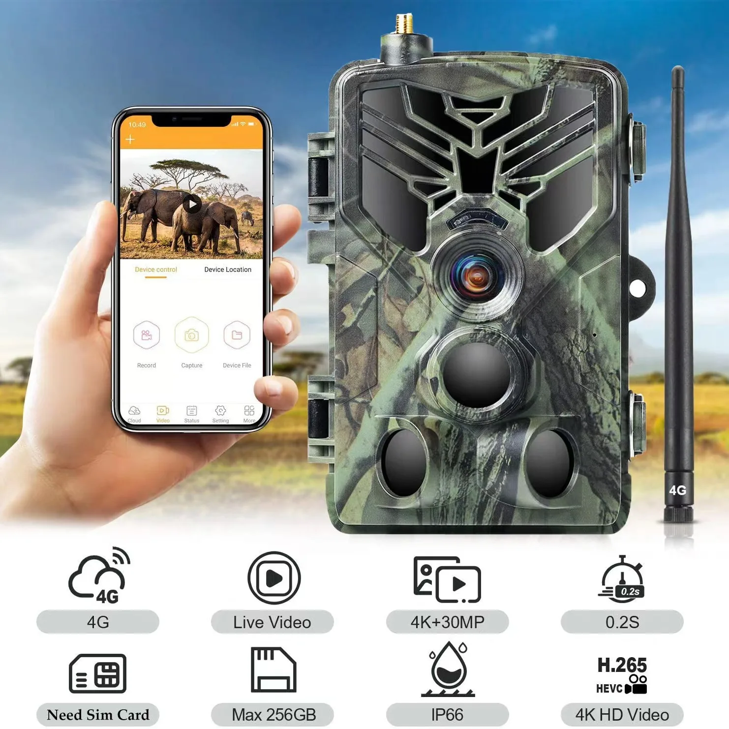 4G 30MP Outdoor Infrared Hunting Camera with APP Control 4K Live Video Stream Cloud Service FTP SMTP HC-810Pro