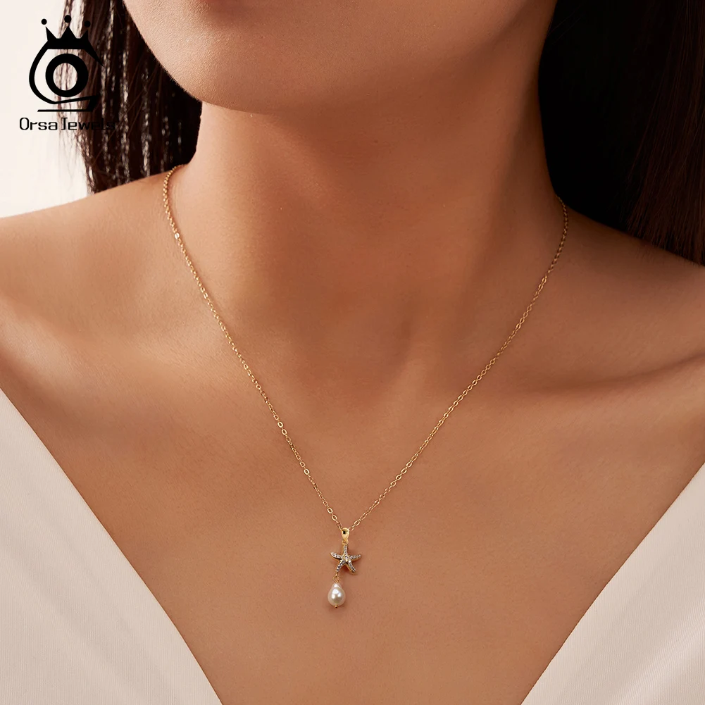

ORSA JEWELS, простой комплект ожерелья с подвеской из серебра 925 пробы с пресноводным жемчугом в стиле барокко, циркон, морская звезда, ключица, цепочка на шею, ювелирные изделия SGPN85