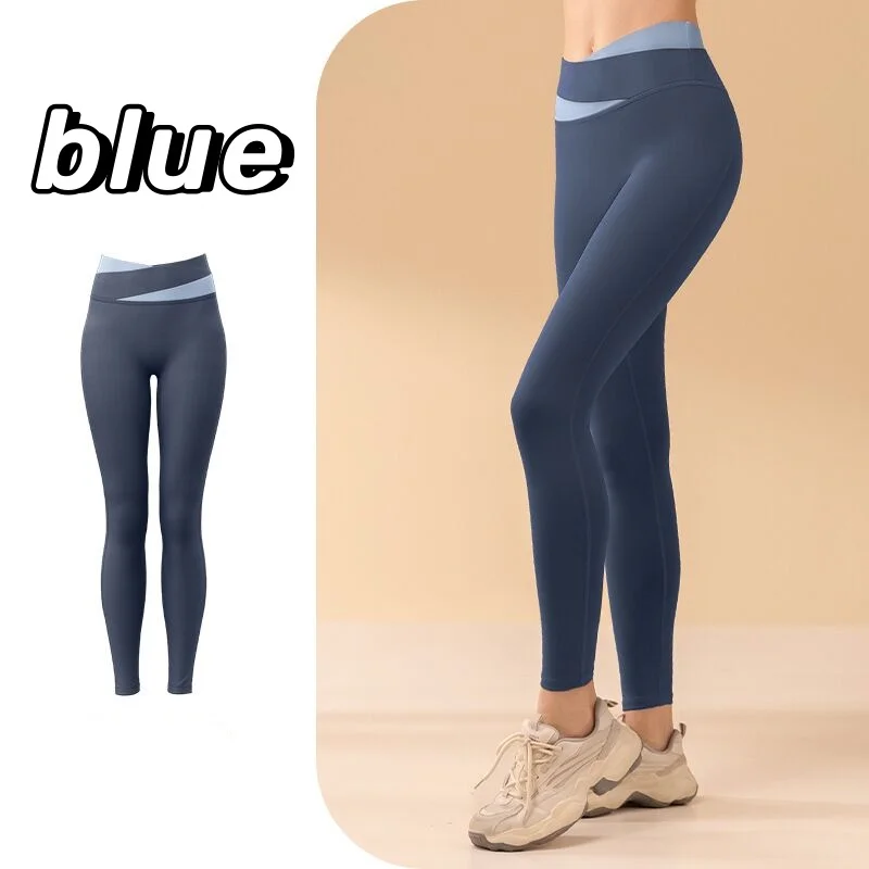 Color blocking high waisted yoga pants for women with hip lifting and abdominal tightening elasticity, cross waist quick drying