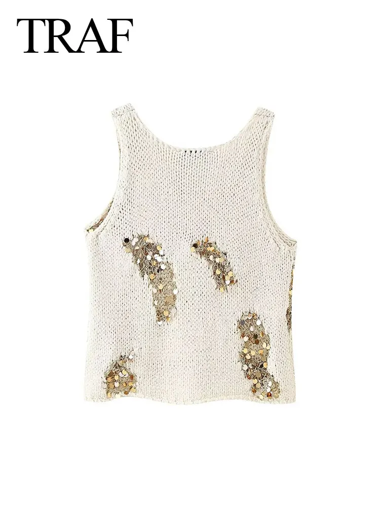 TRAF Spring 2024 Female Fashion Knitted Cropped Vest Casual Sequined Knitted V-neck Sleeveless High Street Patchwork Tank Tops