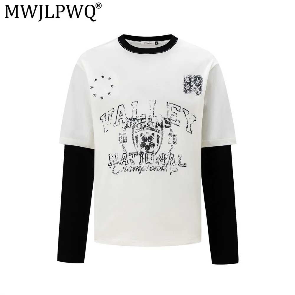 MWJLPWQ Men's Casual Streetwear Long-Sleeve T-Shirt Two-Piece Design Color-Blocked Letter Print Design Cotton Tops New 21314