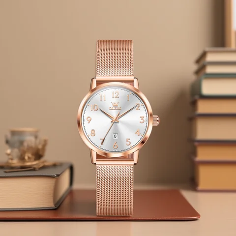 OLEVS 5653 Woman Watches Elegant Original Quartz Watch Waterproof Arabic Numerals Mesh Belt Date Ladies Watch Set Bracelet Watch