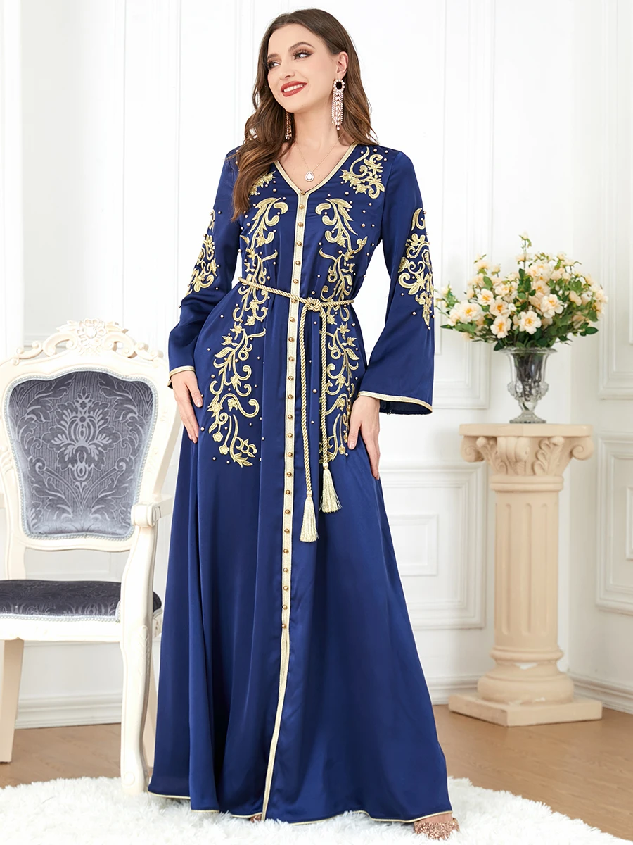 Maroc Đầm Nữ 2023 Xù Hồi Giáo Abaya Thời Trang Dubai Abayas Thêu Thắt Lưng Dài Thanh Lịch ĐẦM DỰ TIỆC Vestidos Mùa Xuân