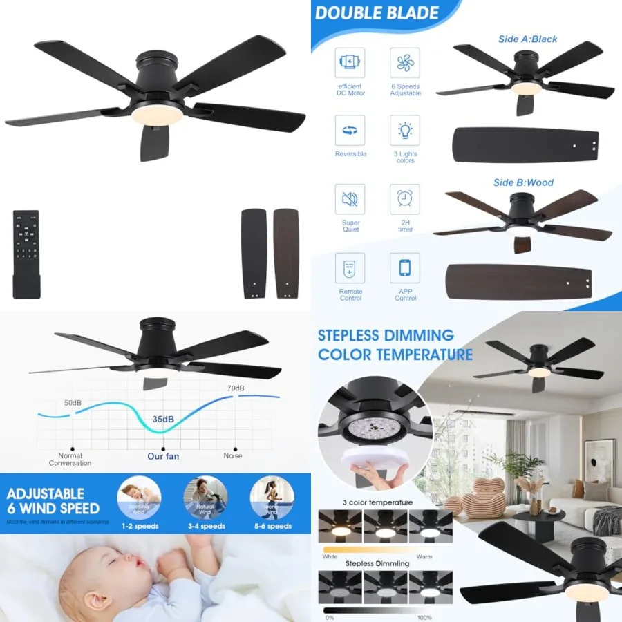 

52" Ceiling Fans with Lights-Low Profile Ceiling Fan with Light and Remote/APP Control, Flush Mount, DC Reversible, LED Dimmabl