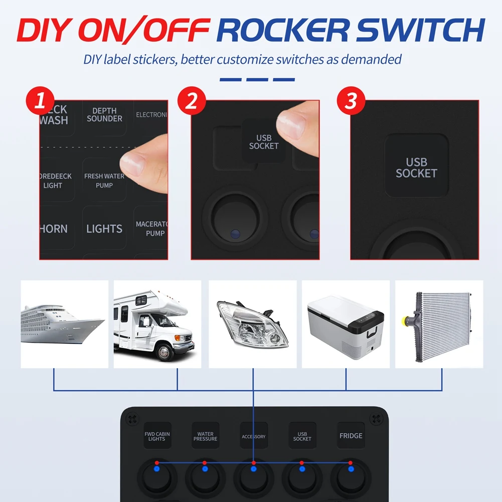 Reliable-Blue LED 12V Outlet With 5 Gang Boat Switch Panel Waterproof Dual USB Port For Auto And Boat