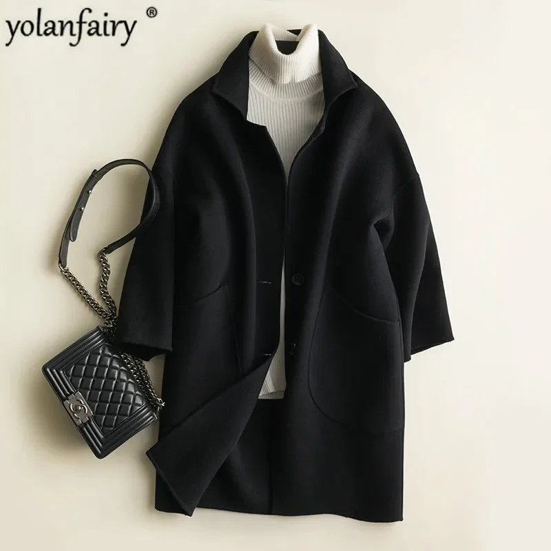 

Double-sided 100% Wool Coat Female Jacket Black Oversized Long Coat Korean Womens Coats Overcoat Manteau Femme SNJ1788 KJ4057