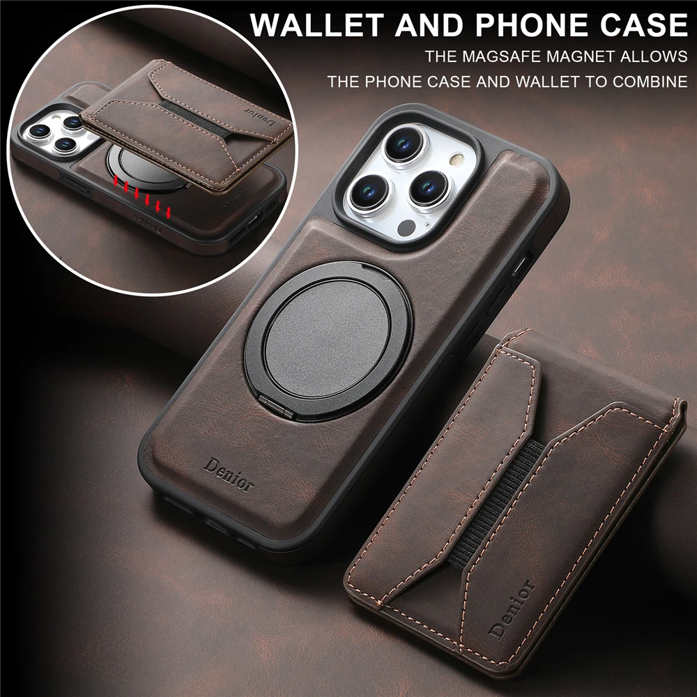 360° Rotation Magnetic Ring Holder Leather Case for iPhone 12 13 14 15 16 17 18 Pro Max Plus Detachable Wallet Card Slots Cover