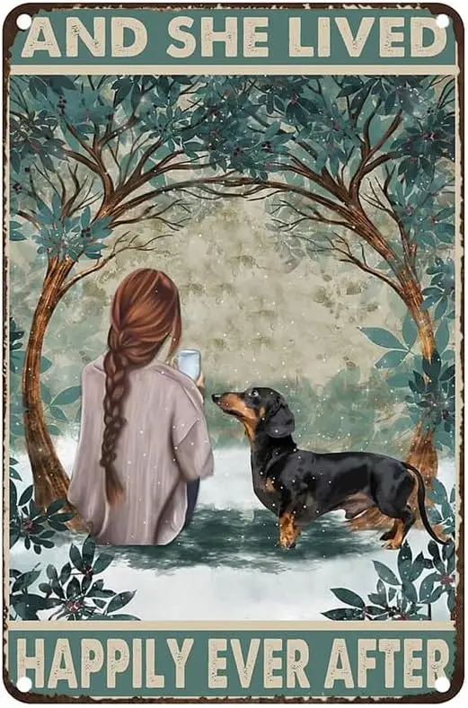 Vintage Metal Tin Sign Dachshund And She Lived Happily Ever After Metal Signs Home Garage Office Coffee Bar Wall Decor 8X12 Inch