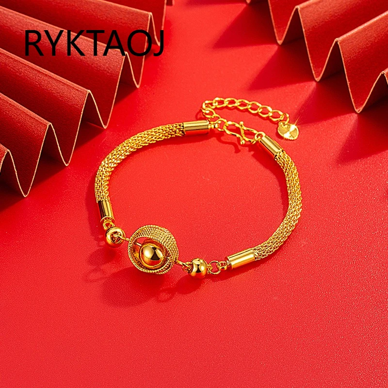 Gold‑Plated Mesh Chain Bracelet for Women Hollow Mesh Wrapped Gold Bead Design Adjustable Extension Chain Elegant Jewelry Gift