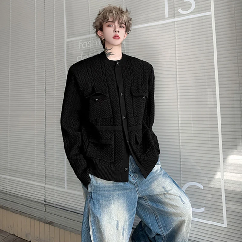 LUZHEN 2025 Autumn New Original Multi Pockets Decorate Round Neck Knitted Cardigan Coat Men's Fashion Solid Color Sweater JY4449