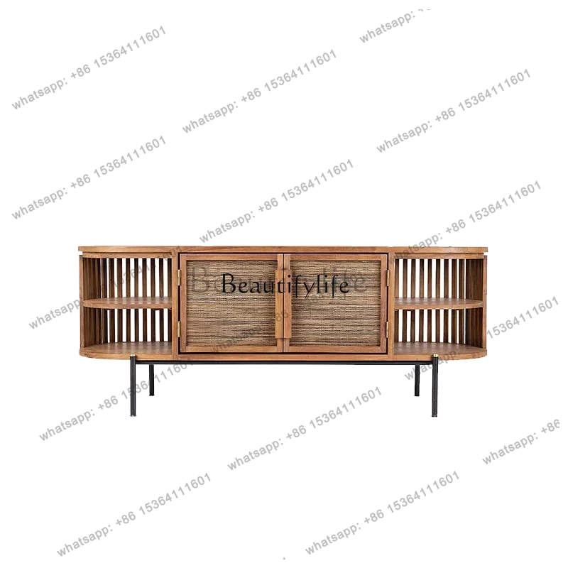 Customization Solid Wood Old Teak TV Stand Small Apartment Living Room Hand-Woven Palm Leaf