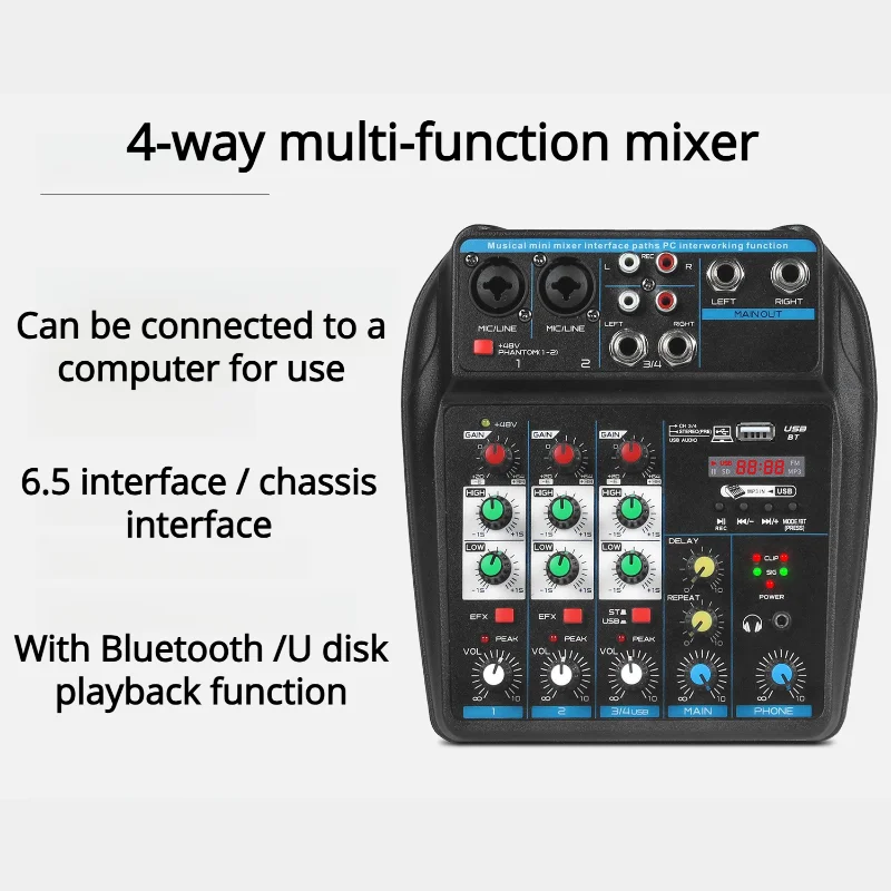 

4-канальный мини-микшер для диджеев с функциями USB и Bluetooth для использования с компьютерами, мобильными телефонами и устройствами для записи на месте проведения мероприятий