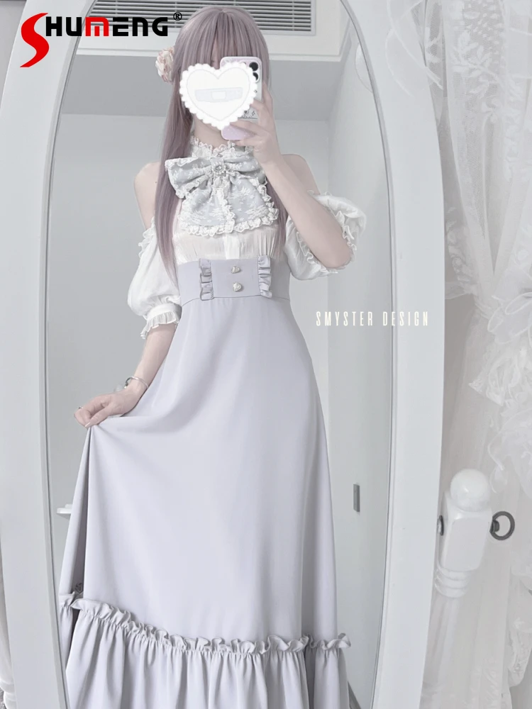 

Japanese Mine Style Mass-produced Elegant Temperament Dresses Lace Bow Off-shoulder Short Sleeve Lace-up Slim Long Dress Women