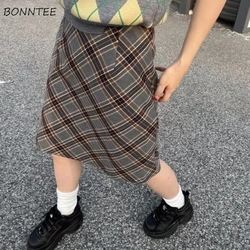 Grey Plaid Skirts Women Autumn High Waist French Temper College A-line Skirt Faddish Simple Retro Designer Knee-length Faldas