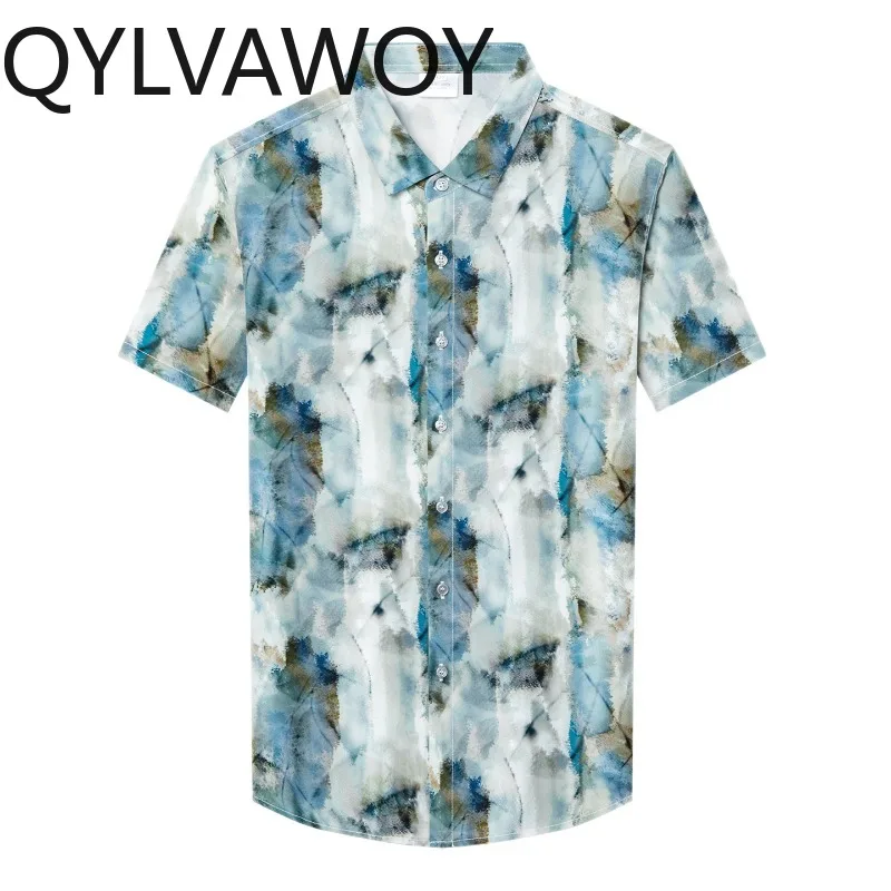 QYLVAWOY Men's Shirts Short Sleeve Tops Thin Summer Shirts for Man Printed Lapel Menswear Clothing Stylish Shirt Breathable 셔츠
