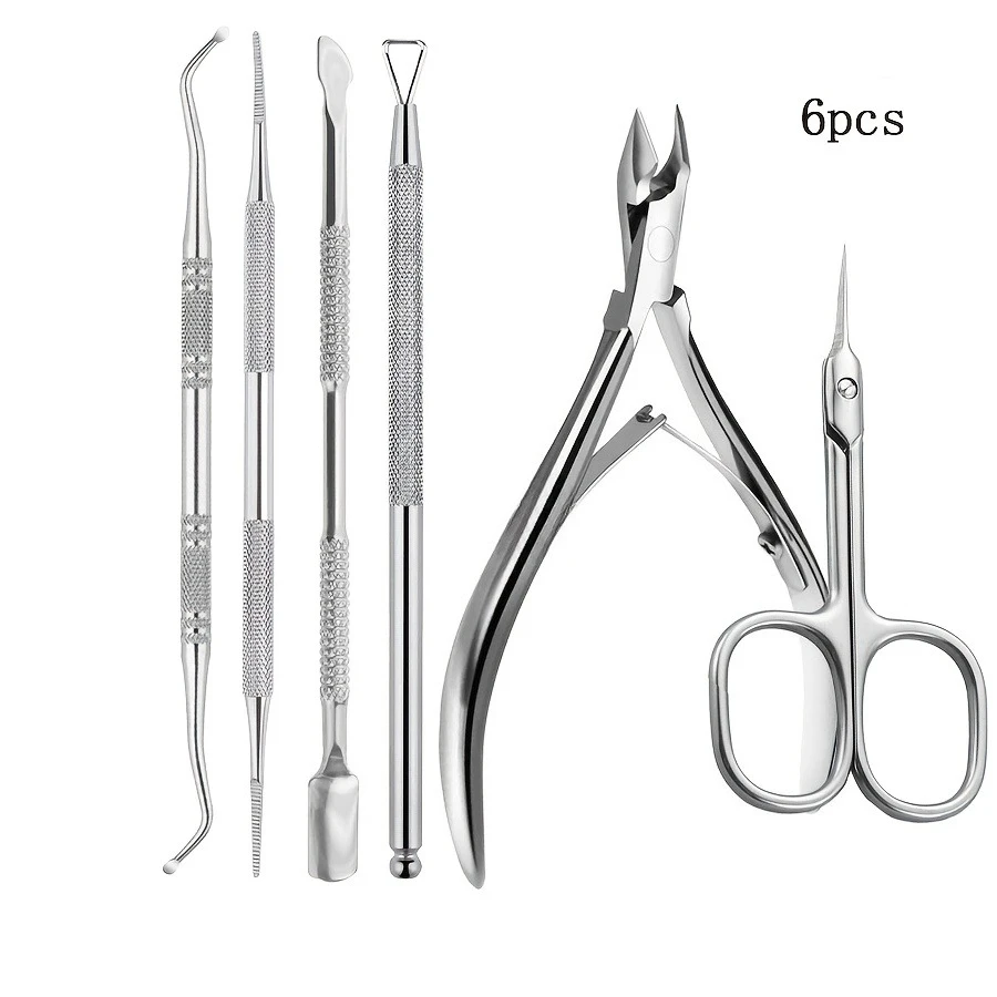 6pcs Professional Stainless Steel Nail & Cuticle Care Kit - Heavy-Duty Peeling Shears,Nail File,Cuticle Pusher,Clippers,Scissors