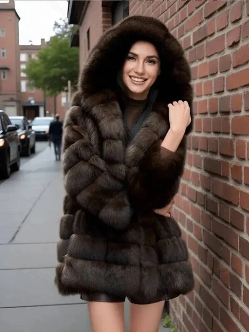 Women's Brown Hooded Faux Mink Fur Coat Thick Autumn Winter Chic New Cardigan Mid Length Loose Warm Jackets 2959N