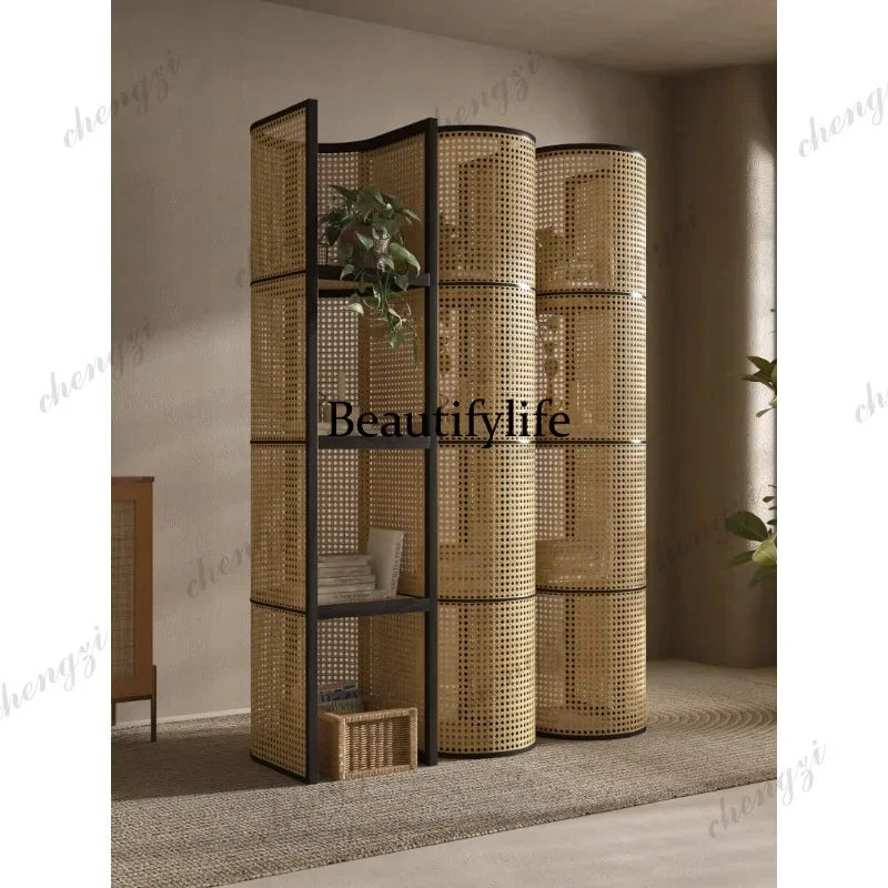 D80 Nordic rattan shelves, multi-layer floor bookshelves, retro home multi-layer storage display shelves