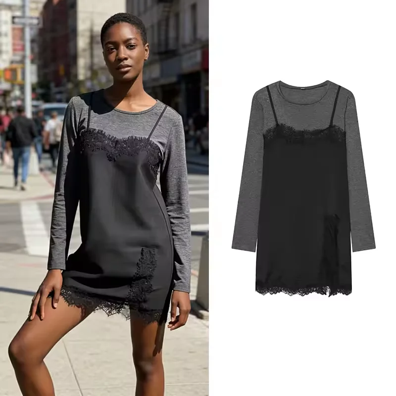 Primavera Verano mujer Patchwork vestido Midi Casual cuello redondo manga larga Mujer Encaje Vintage Vestido corto Chic elástico vestido femenino