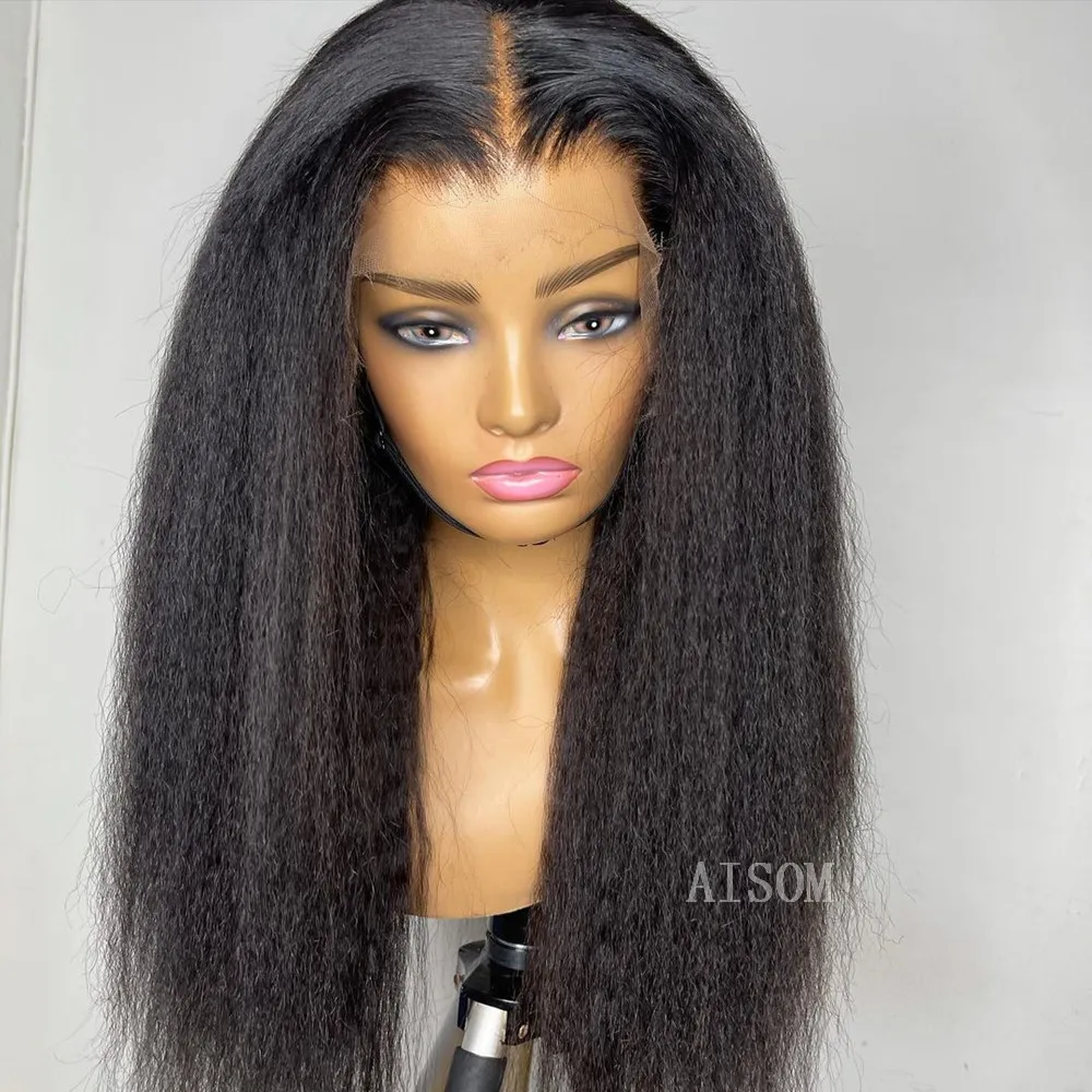 Kinky Straight Lace Wig Transparent Yaki 13x4 Synthetic Lace Front Wigs for Women with Baby Hair Black Color 180% Density