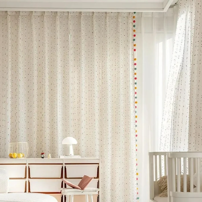Rainbow Candy Bean Cotton Linen Curtain Retro Sheer Tulle with Pom-pom Tassels Lace for Living Room Childrens Room Home Decor