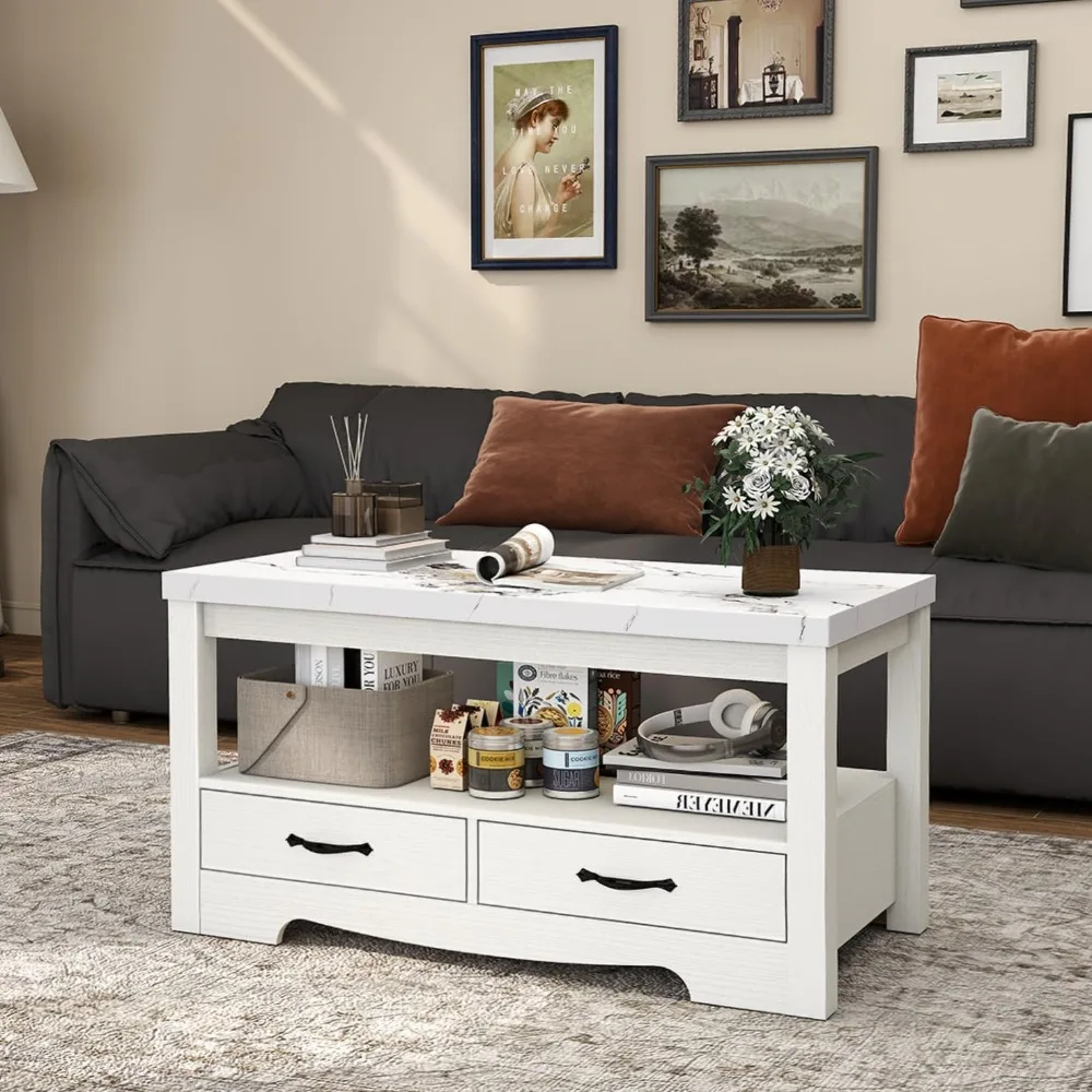 40 Faux Marble 2-Tier Modern Wooden Rectangle Center Table with Drawers for Living Room, Conference Room