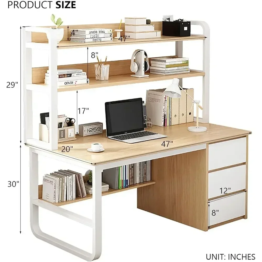 47 Inch White Modern PC Desk with Bookshelf and 3 Drawers for Student Writing and Study