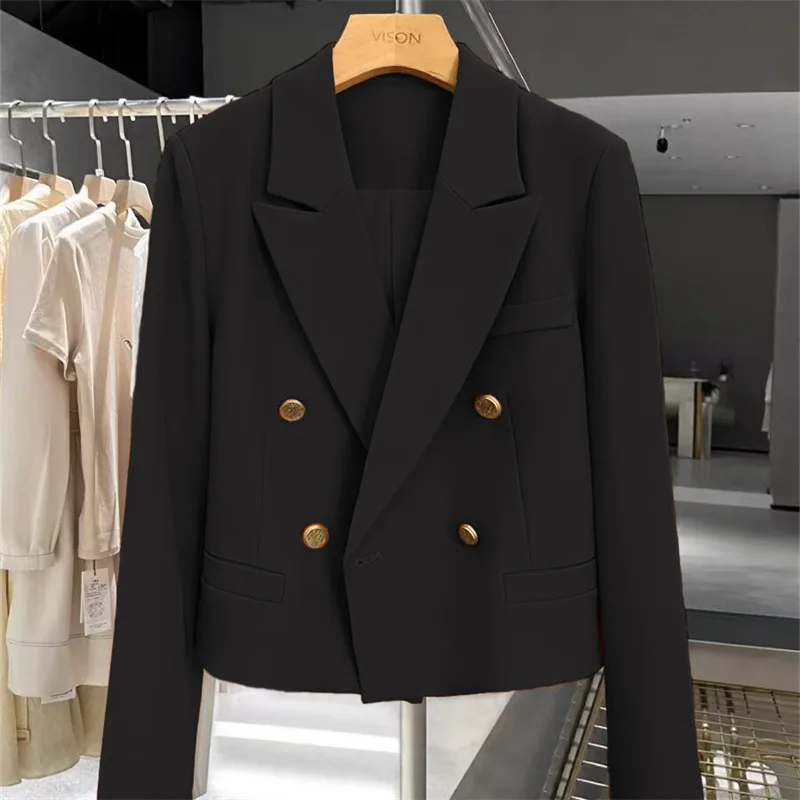 New Cropped Blazers for Women Fashion Double-Button Jacket Ladies Simple Casual Office Suit Coat Vintage Long Sleeve Outerwear