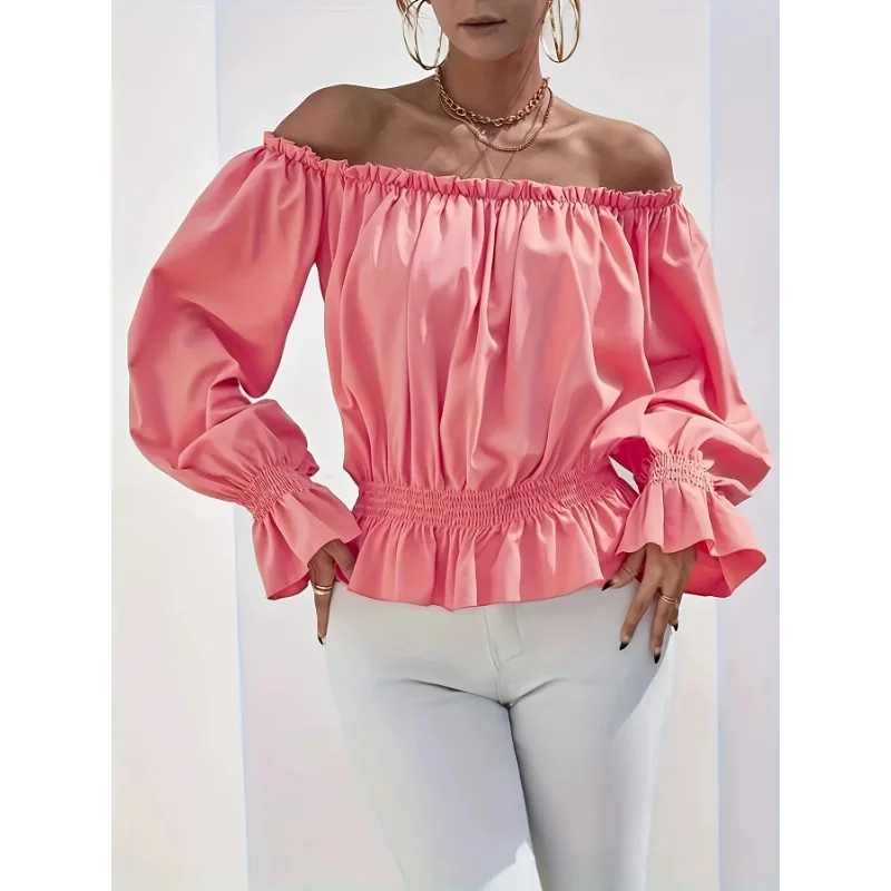 

Plus Size 1XL-5XL New Women's Solid Color Casual Shirt Top Fashionable Long Sleeved Off Shoulder Flare Sleeve Blouse Shirt Tops