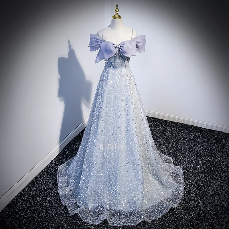 Blaues Ball-Abendkleid für Damen, luxuriöse Pailletten, glitzernde Quaste, Schleife, A-Linie, bodenlang, lange Party-formale Kleider, individuell gestaltet