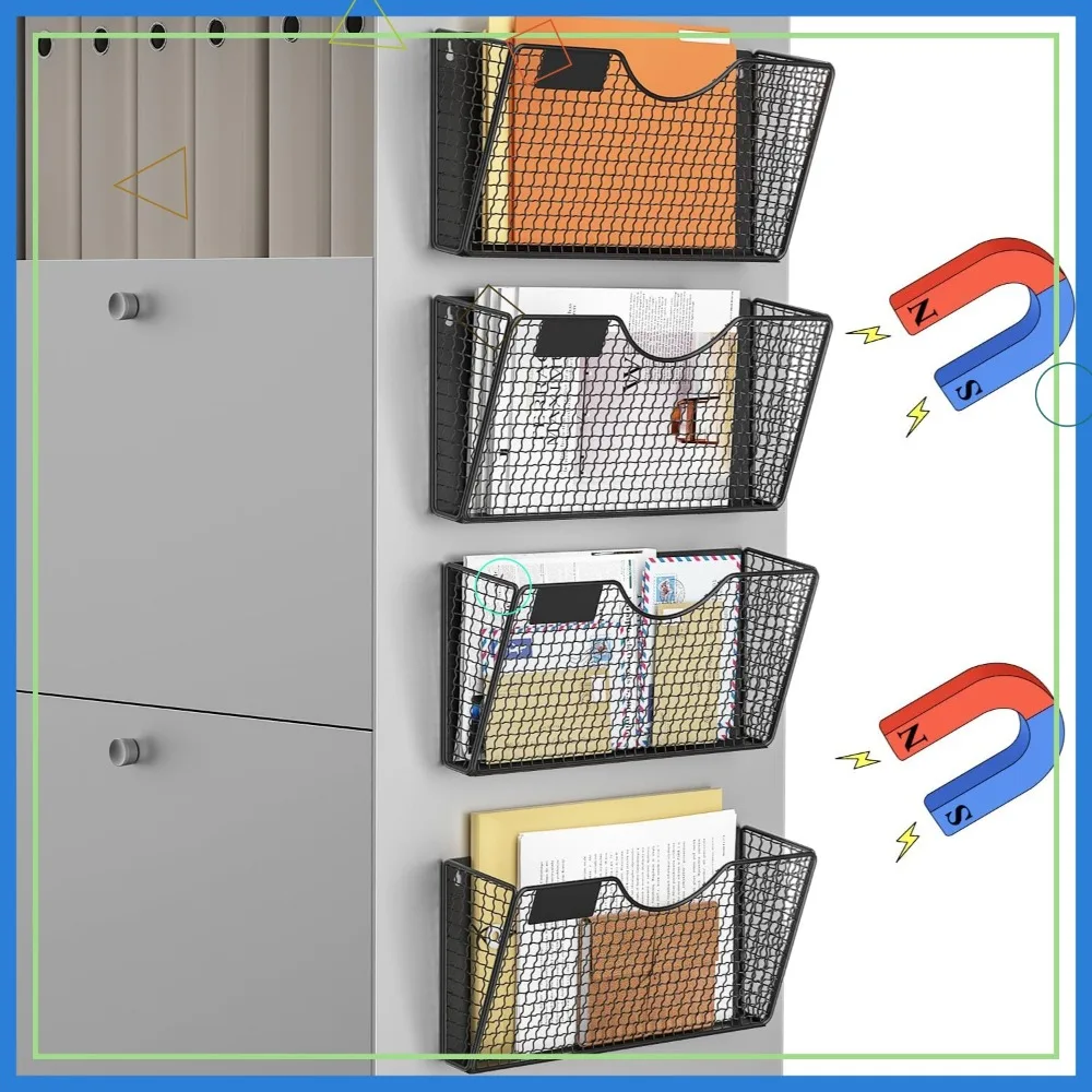 

4 Pocket Magnetic File Holder, No Drilling Paper Organizer for Fridge Cabinet Office
