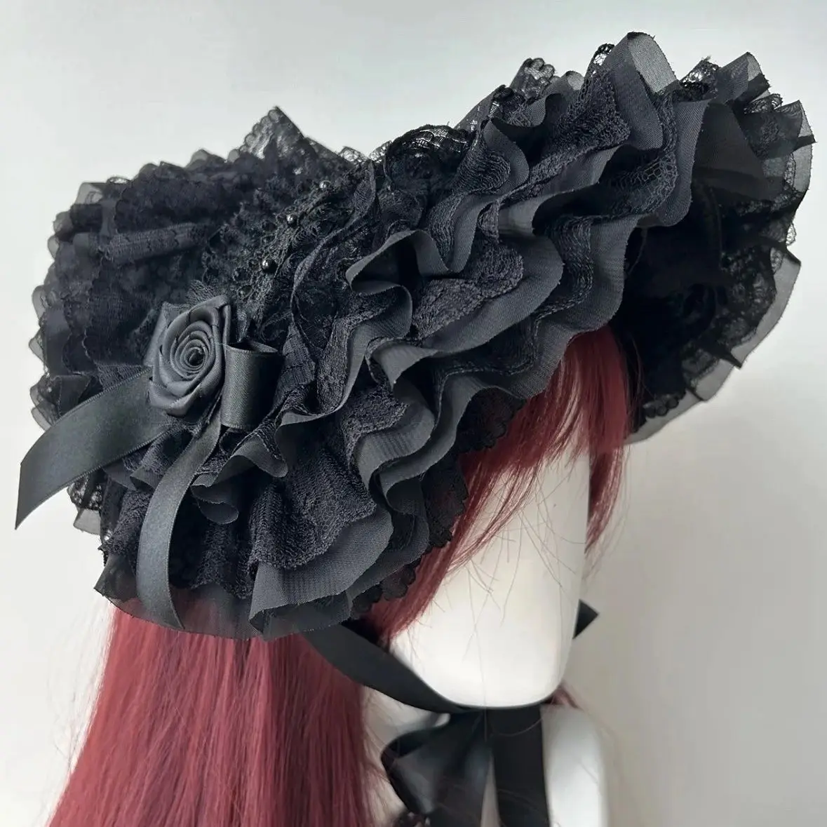 Original Black Bonnet Lolita Hat, Chinese & Western Style BNT, Handmade Gothic Style Large Brim Cosplay Accessories