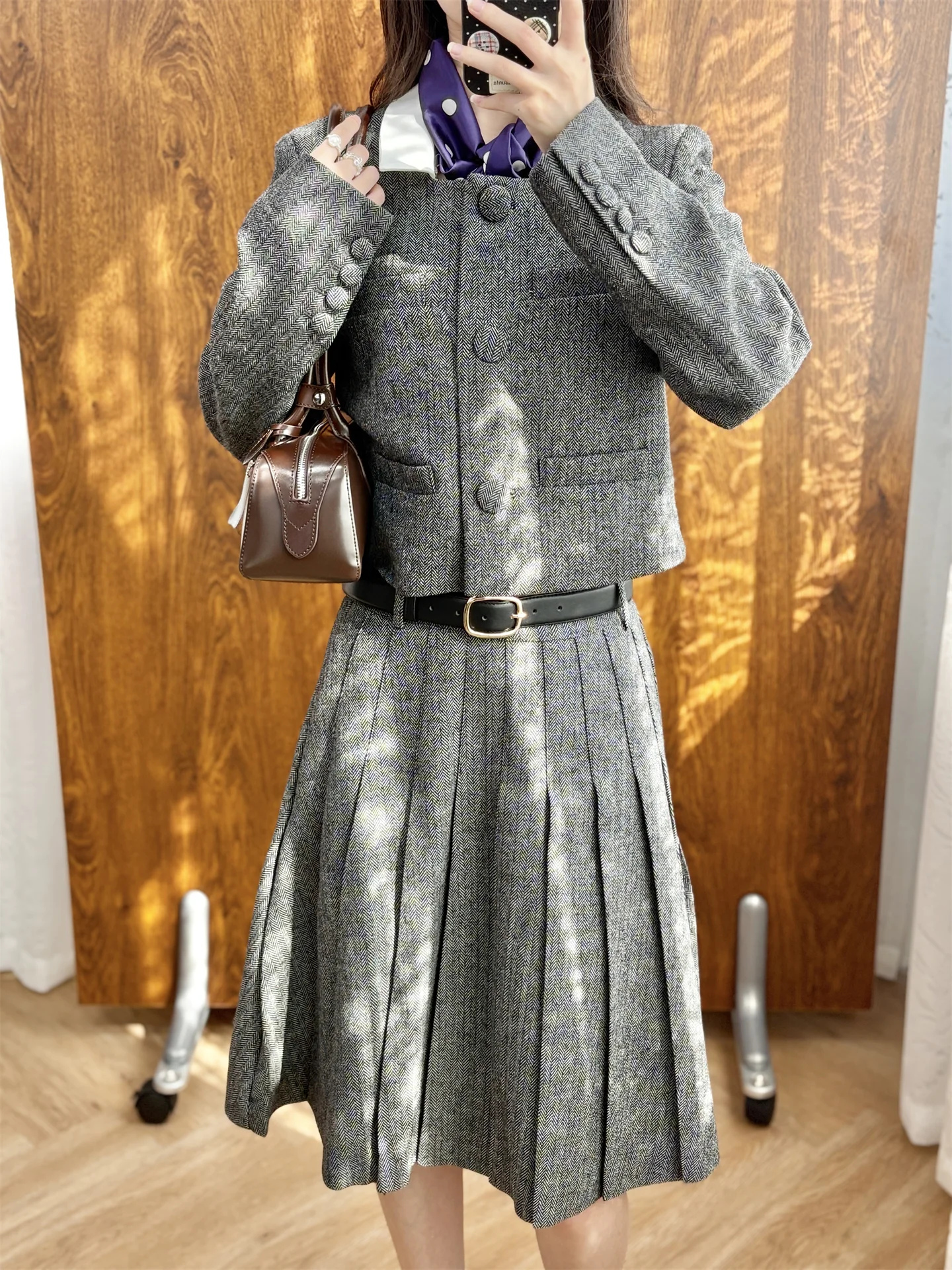 

Шерстяной твидовый комплект, юбка-трапеция с поясом Ci для поездок на работу, высокая талия, боковая молния, смесь полиэфирного волокна