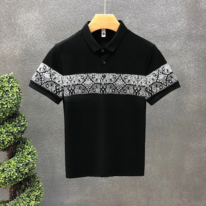 2024 Summer Korean Version Fashion Handsome Paisley Splicing Self Cultivation Geometric Design Sense Men's Clothing Polo Shirt