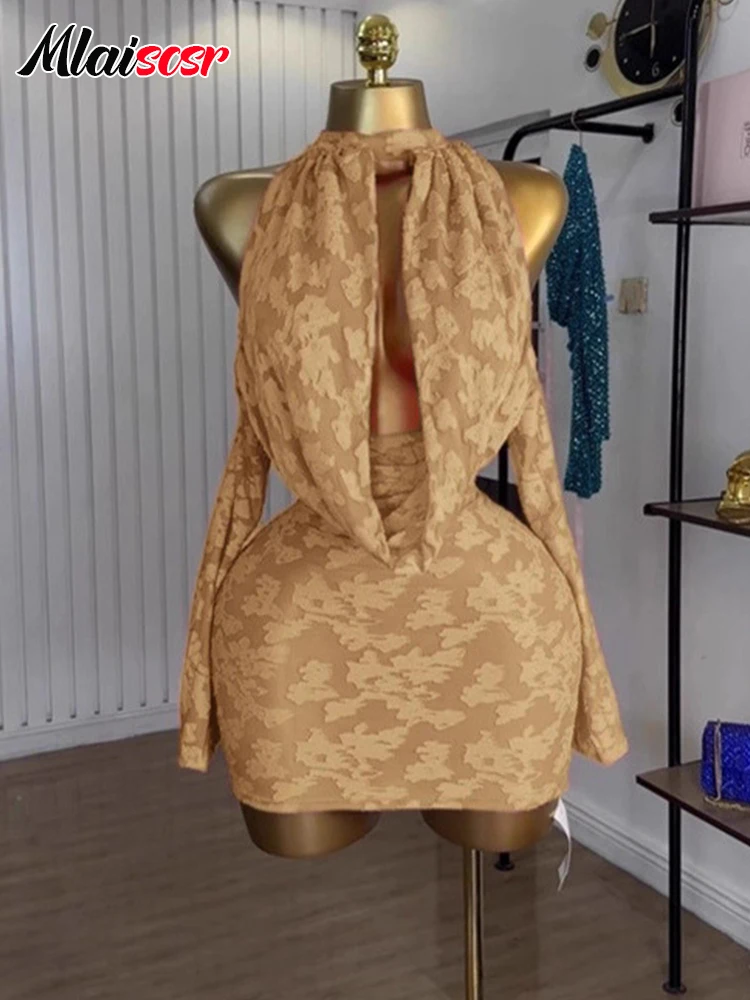 Mlaiscsr Print Hollow Out Long Sleeve Backless Bodycon Mini Dress Women Sexy Night Club Birthday Party Evening Gowns Vestidos