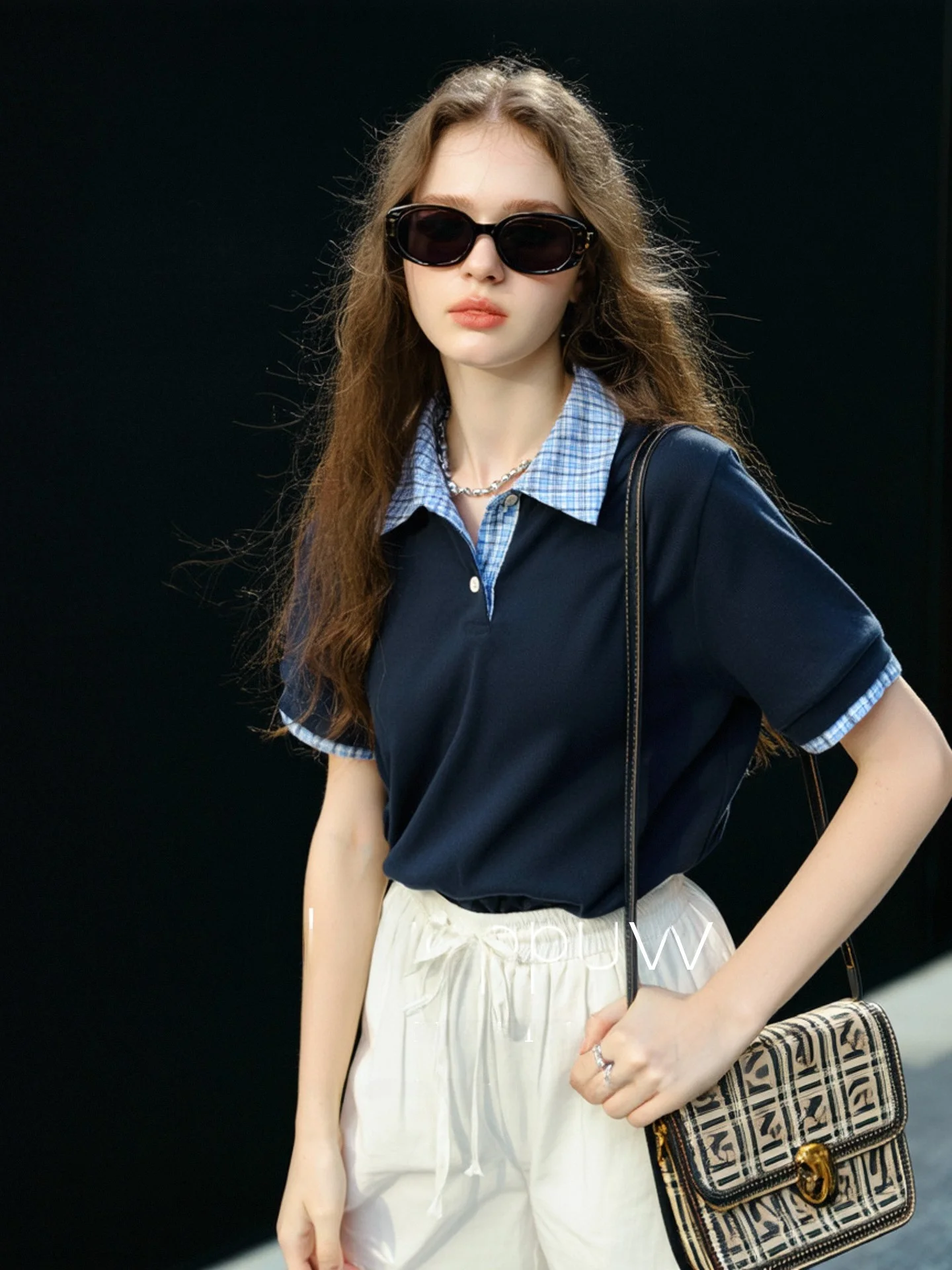 Huaappuw Preppy Plaid Henry Collar T-Shirt Women's Summer New Style Fake Two-Piece Design Commute Casual Wear French Style
