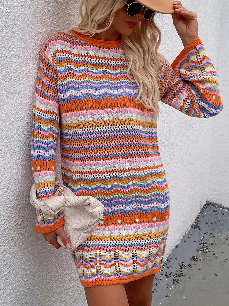 Autumn Winter Knitted Short Dresses For Women Fashion Rainbow Striped Sweater Dress Loose Black Hollow New In Dresses 2023