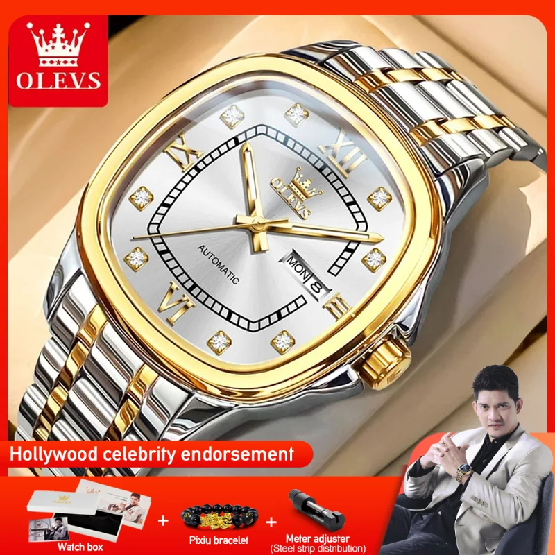 

OLEVS 9810 Mens Watch Luxury Original Brand Automatic Mechanical Watch Waterproof Ladies Watch Day-Date Square Watch With Box