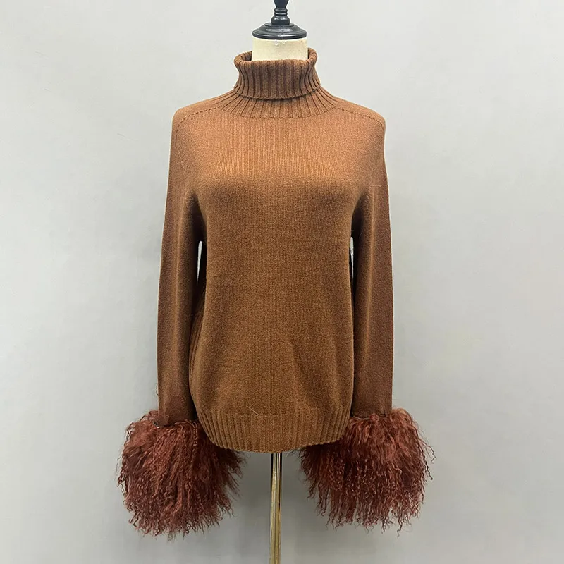 Women's Winter Sweater with Mongolian sheep Fur Cuff Lady Fashion High Collar Soft Warm