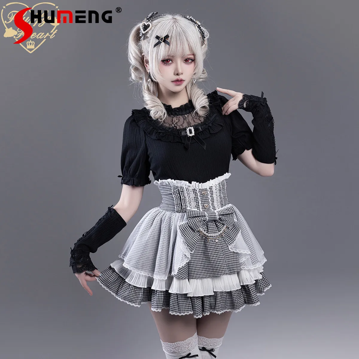 

Spring Japanese Style Sweet Girls Women's Cute Bow Pearl Chain High Waist Cake Skirt Ruffled Mesh Spliced Lolita Short Skirts