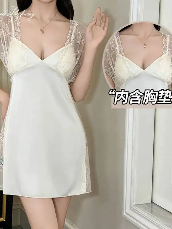 Vestido feminino verão renda chiffon cetim sedoso sexy com almofadas no peito alça em v profundo sem costas vestido sem mangas charmoso 05jf