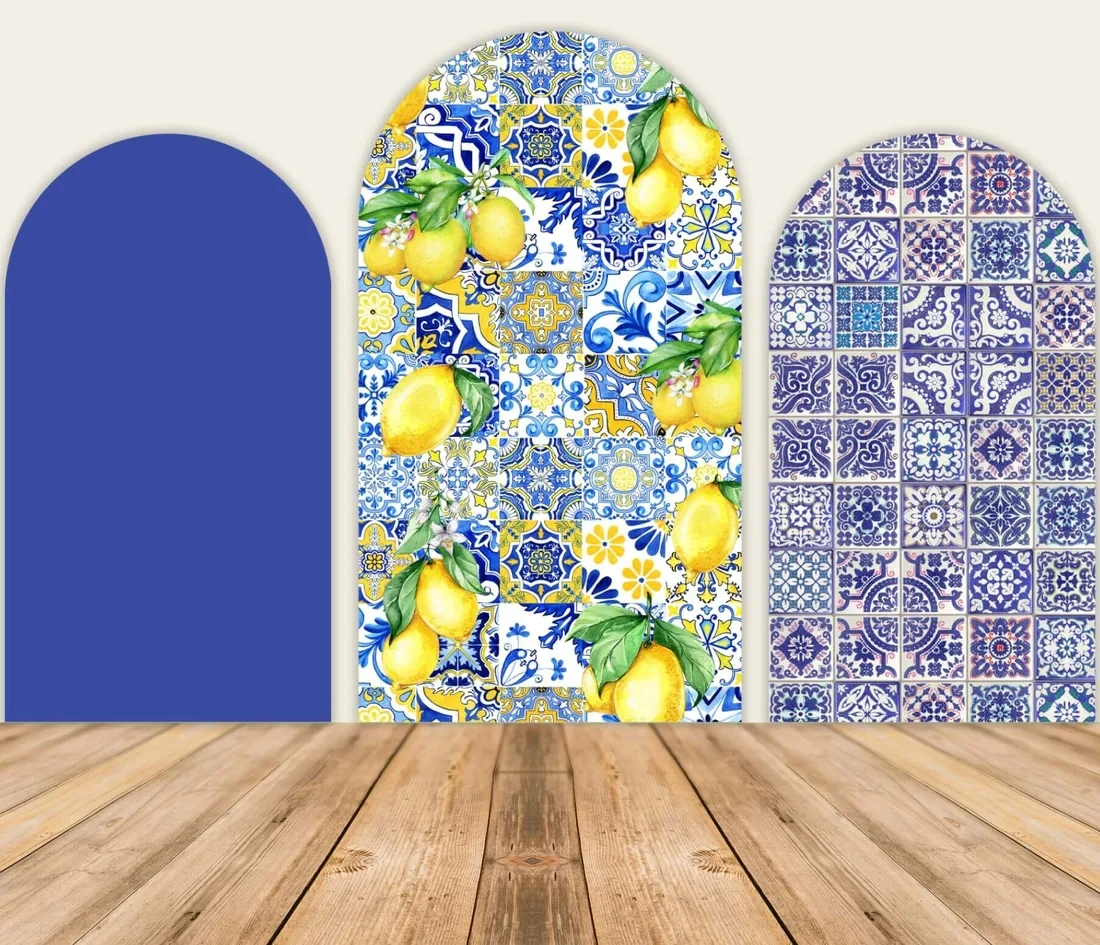 Morocco Mediterranean Arch Backdrop Cover Baby Shower Background Yellow Lemon Blue Arch Chiara Party Girl Birthday Wedding Decor